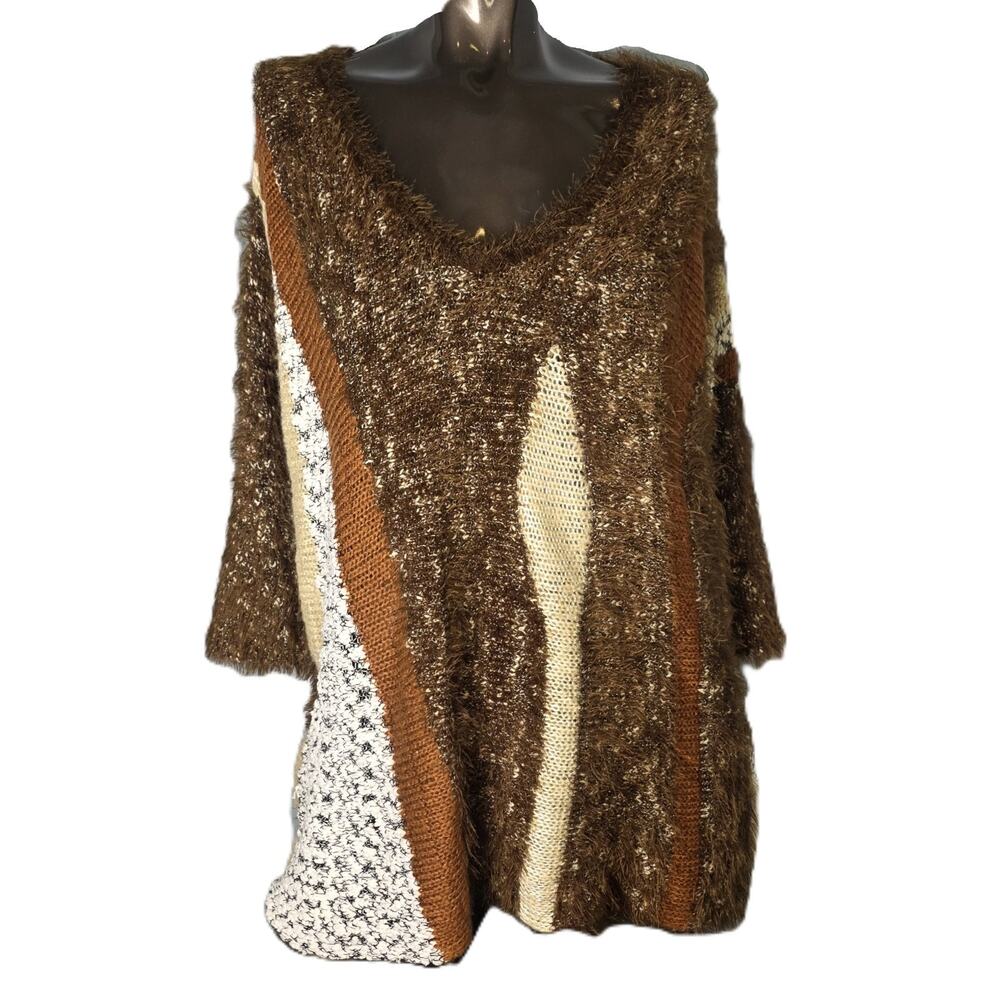 VIP Sweater Women's Brown Feather Yarn Knit V-Neck Oversized Pullover - Large